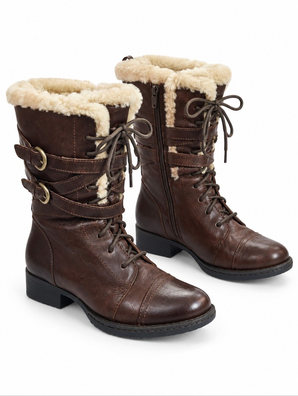 BORN Zuniga Canoe Brown Leather Boots Shearling Zip Laced Military lamb fur 8